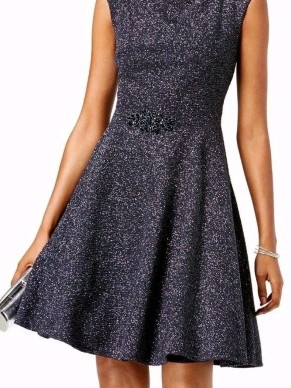 Betsy & Adam Womens Gray Brooch Glitter Textured Fit & Flare Dress Size 12